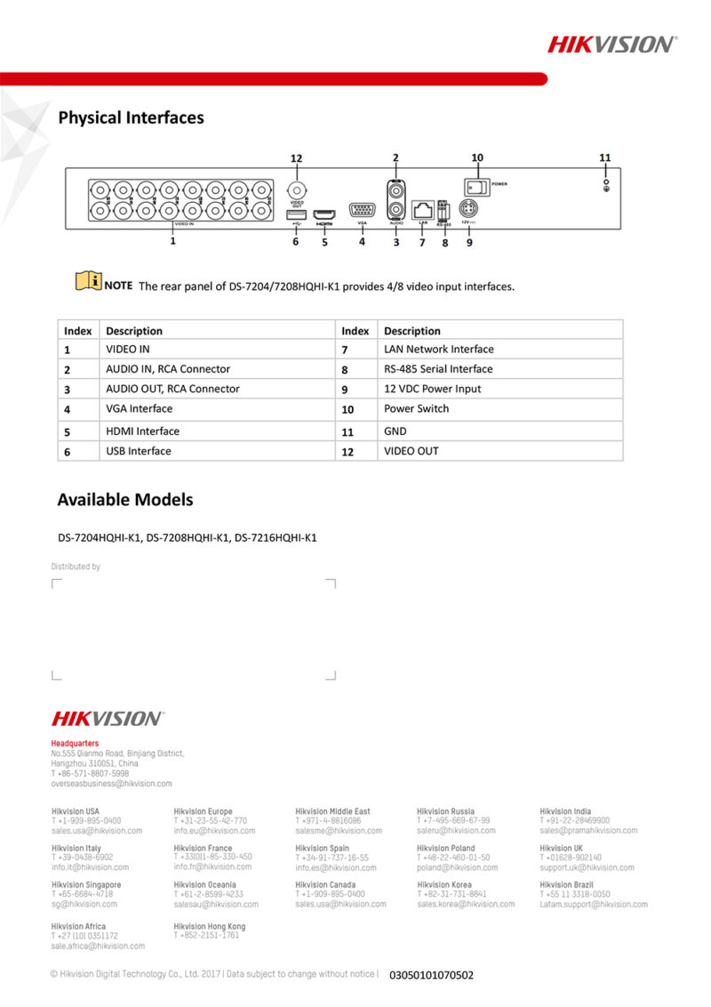 جدول مشخصات دستگاه ضبط کننده 8 کانال DVR هایک ویژن مدل DS-7208HQHI-K1